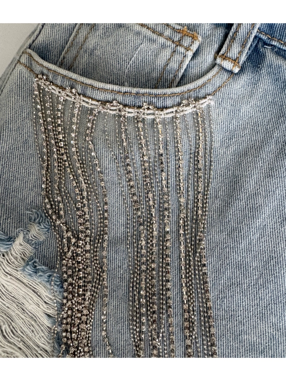 Embellished Light Wash Denim Shorts - Light Blue